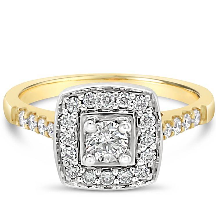 YELLOW GOLD CUSHION HALO ENGAGEMENT RING WITH ROUND DIAMONDS