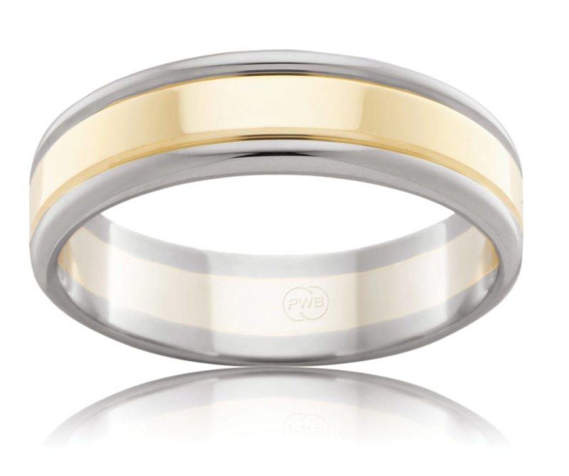 Two Toned Wedding Ring, utilising both Yellow Gold and White Gold, this ring has a timeless style and smooth finish. A unique ring for a male