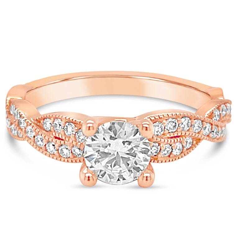 rose gold twist band engagement ring. Crafted of 18k rose gold with a mill wheel edge, this ring is the perfect combination of modern & elegant.