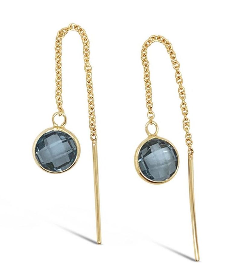 handmade earrings are made from 9ct Yellow Gold and are set with 7mm checkerboard cut light blue Topaz.
