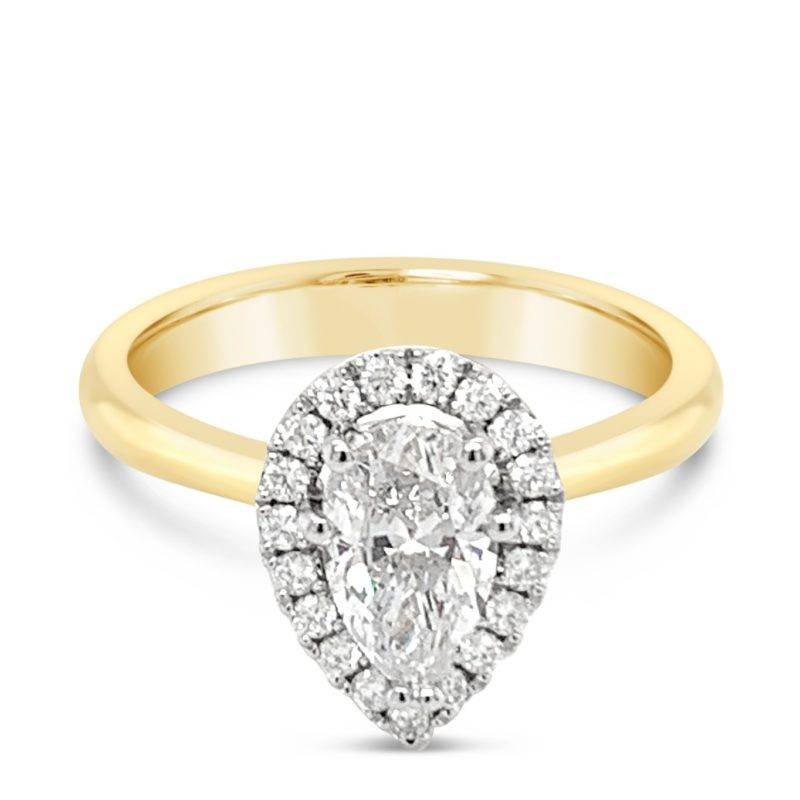 Pear Diamond in a Halo, the sparkle & elegance of the centre stone is emphasised by the surrounding diamonds.