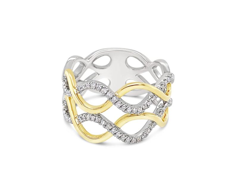 Two-Tone Wide Crossover ring is crafted in 18ct White Gold and Yellow Gold. This wide ring has an infinity effect, making it an unique design.