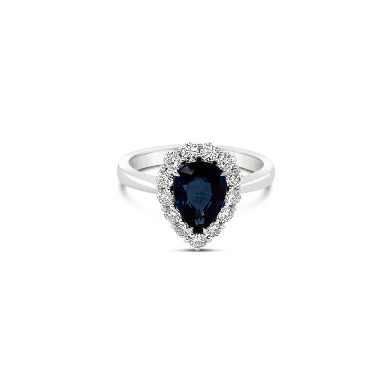 Pear Shaped Sapphire, surrounded by an exquisite diamond halo created in 18ct White Gold.