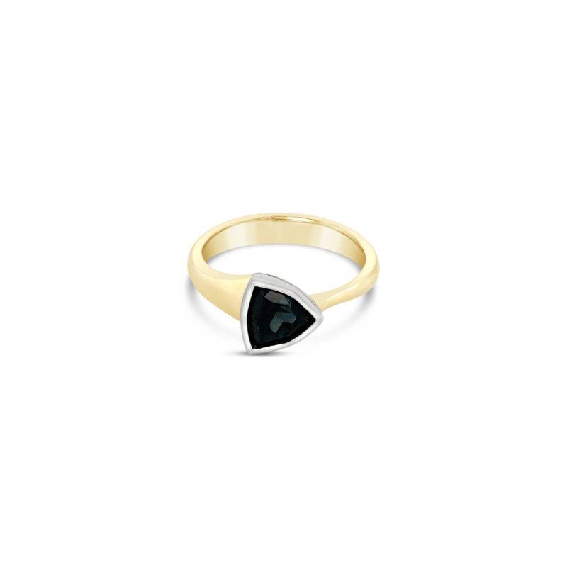This Blue Sapphire Ring is a contemporary design, making a beautiful bespoke piece. Handcrafted in a 18ct Yellow Gold  band and Platinum setting.