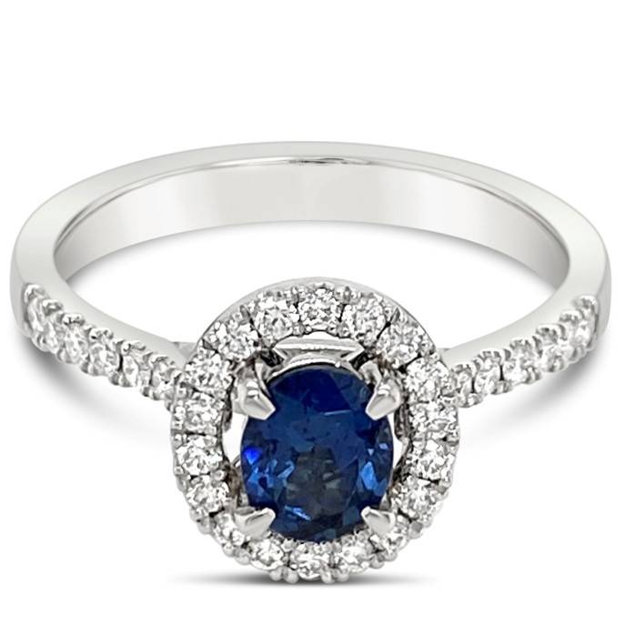 Ceylon Sapphire Ring, with a Diamond Halo. Crafted by Gold River Jewellers this Platinum Ring is a beautiful piece.