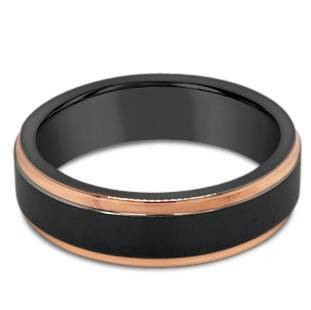 This Black Gents Ring is crafted in Zirconium, featuring an added detail of Rose Gold on the edges of the wedding band. This creates a unique feature creating a stylish yet simple ring