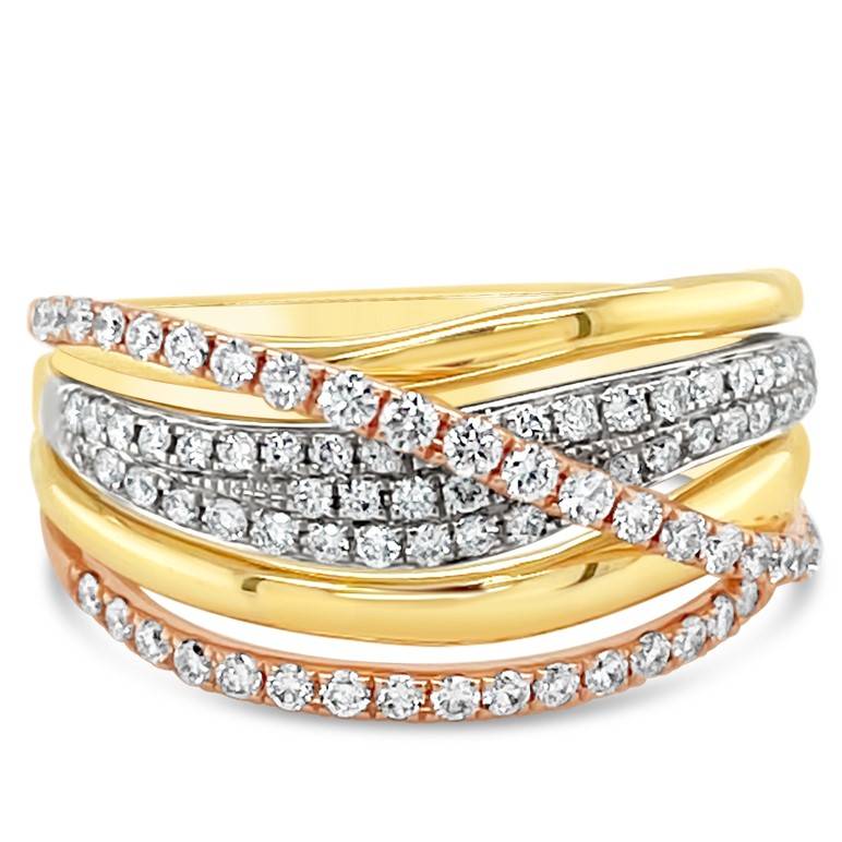 This three tone diamond crossover ring features 0.61ct of round brilliant cut diamonds in a multi-layered design.