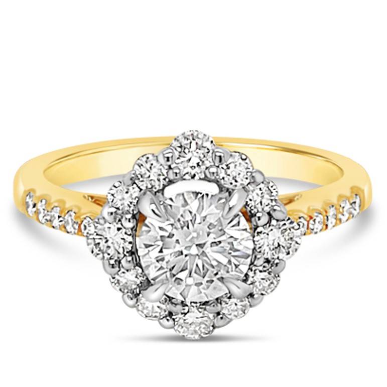 Offset Halo Diamond Engagement Ring, highlights the beautiful centre diamond, featured an array of diamonds.