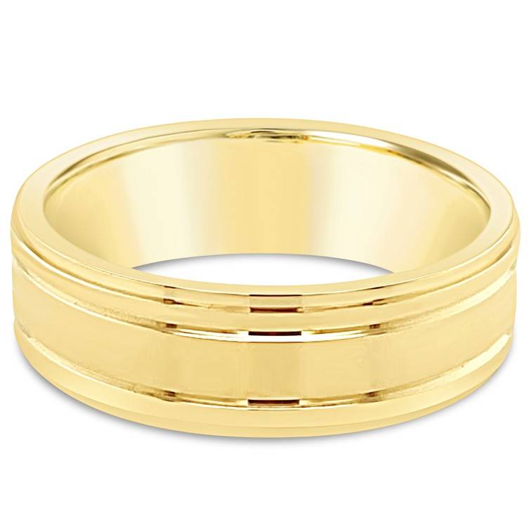 Men's Wedding Ring, crafted in 9ct yellow gold, featuring a flat-edged with a subtle but trendy grooved pattern, perfect for every occasion.