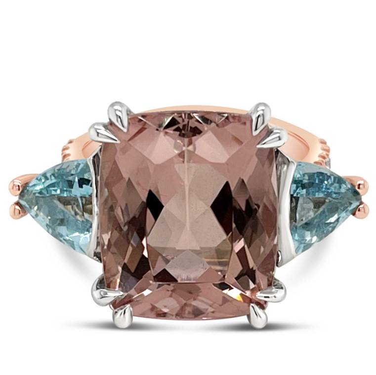 Morganite and Aquamarine Ring. Featuring an array of diamonds to highlight the 9.25ct Morganite in a 18ct Rose Gold Ring.